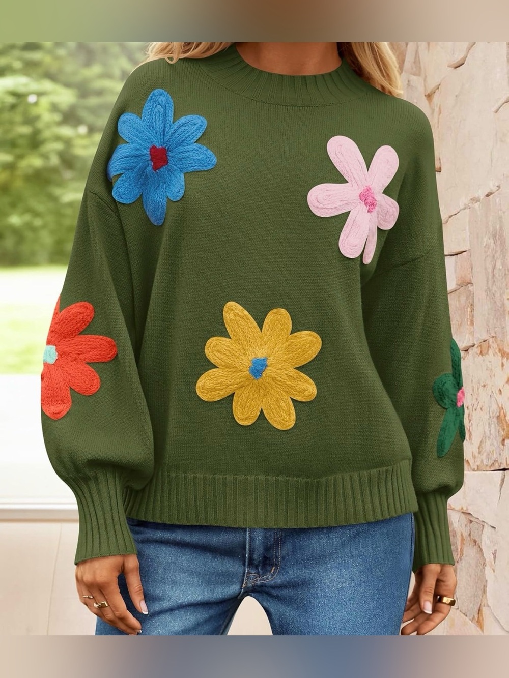FLORAL SWEATER OLIVE GREEN PUFF SLEEVE KNIT CREW NECK SIZE LARGE NWT